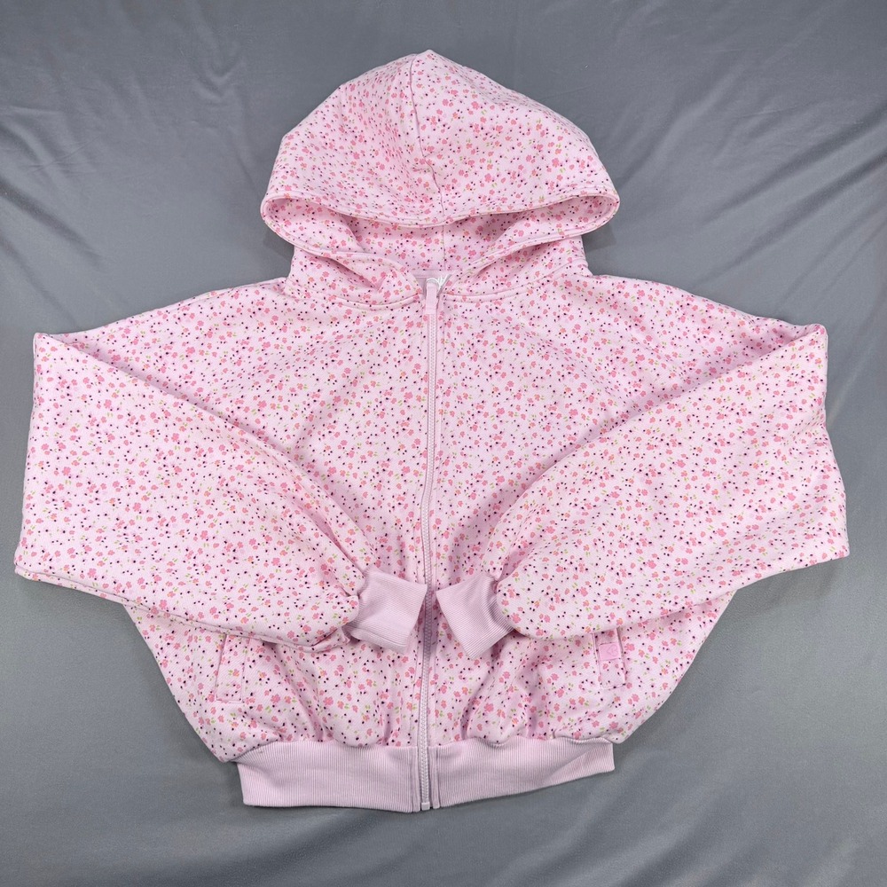 Blogilates Womens XS Pink Floral Cotton Marshmallow Hoodie Oversized Zip Up